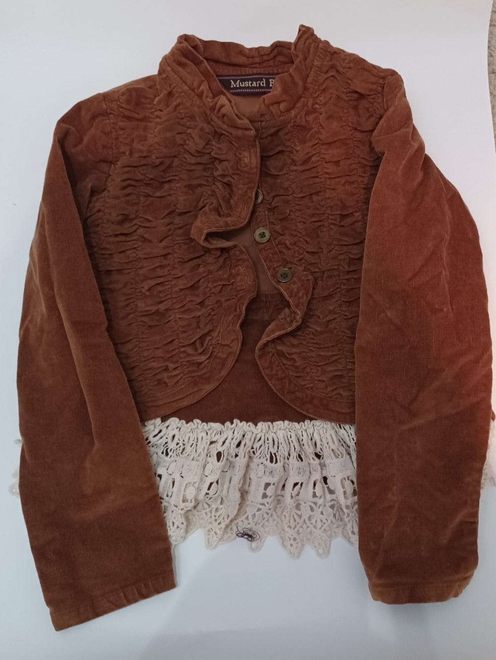 Cropped Ruffle Velvet Jacket in Rust Brown For Young Girls - Picture 2 of 3